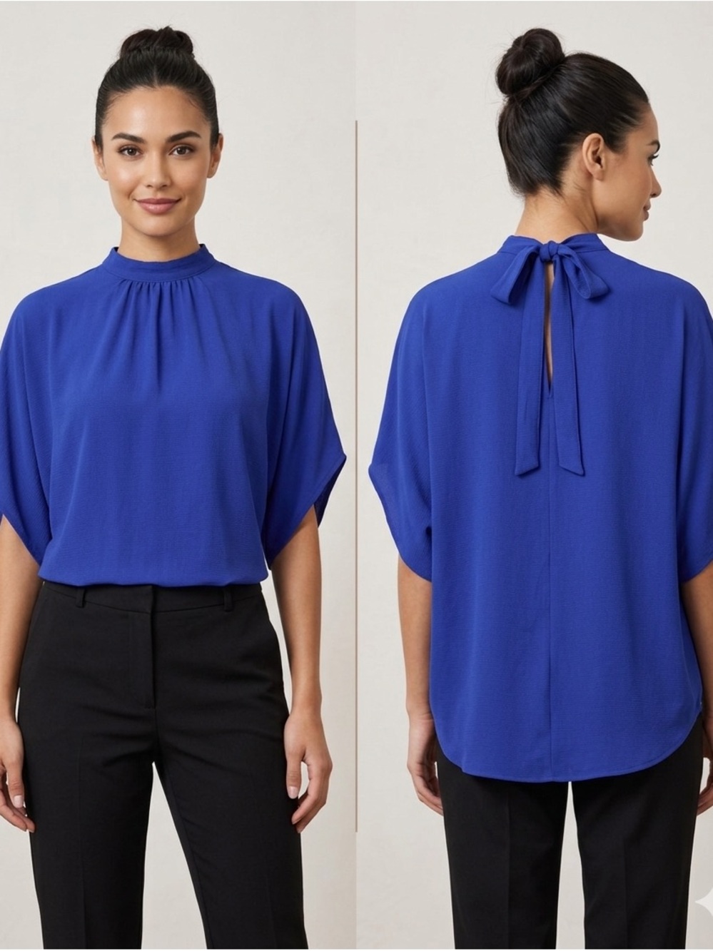 Peekaboo Keyhole Tie Back Silky Royal Blue Draped Dolman Mock Neck Blouse M